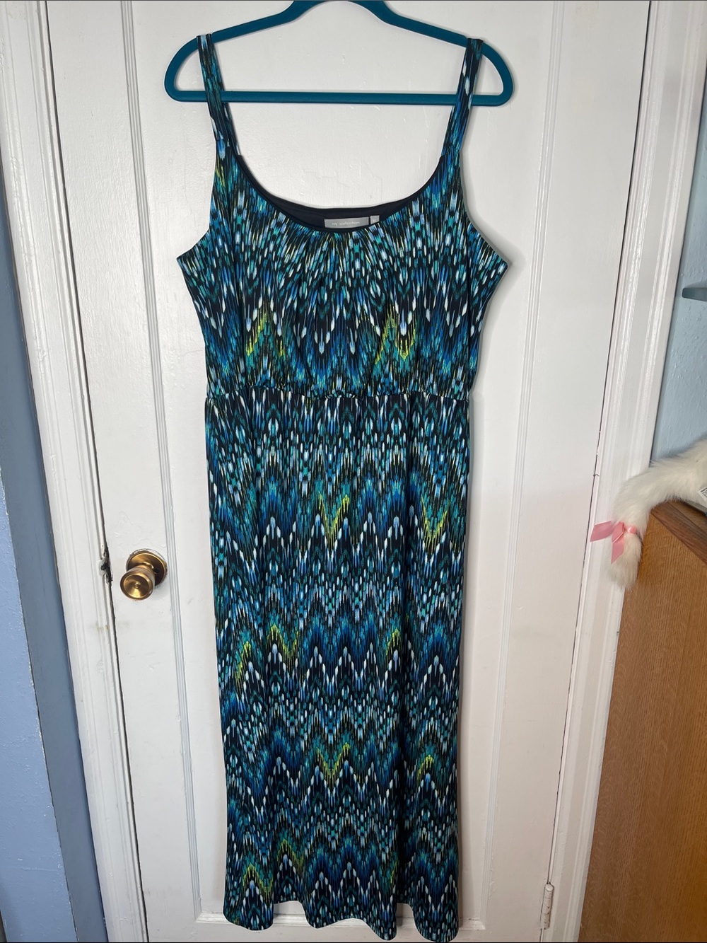NY Collection Dress XL Teal Blue Black Abstract Stripes Tank Maxi Stretch Waist